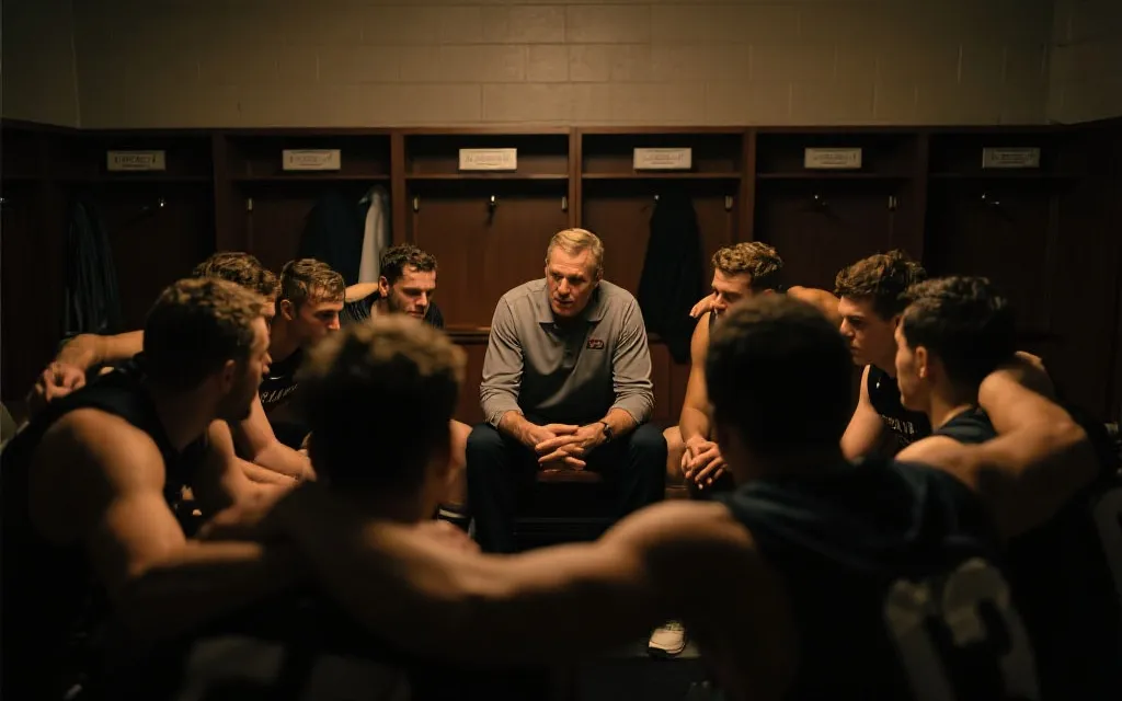 更衣室里教练与球员围成一圈，低声交流，紧张但团结