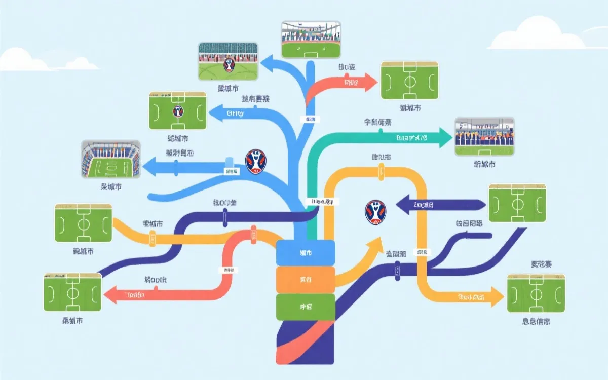 世界杯淘汰赛强队路径推演图示意，包含时间线与城市标签